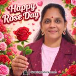 Creative Rose Day Photo Ideas Using Real Photos featuring a smiling person holding a fresh red rose close to the face, expressing love and warmth in a soft romantic setting.