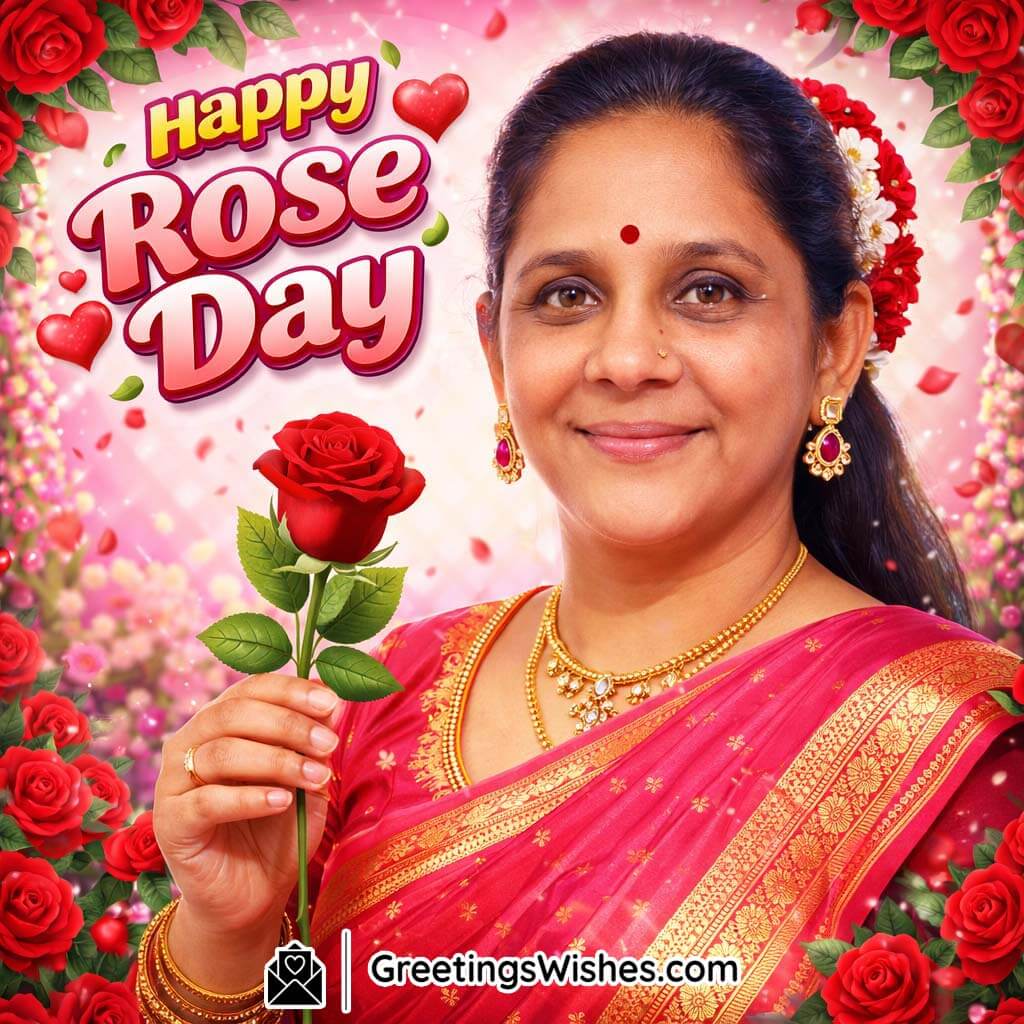 Traditional Rose Day real photo featuring a person in festive attire holding a red rose, blending cultural charm with romantic expression.