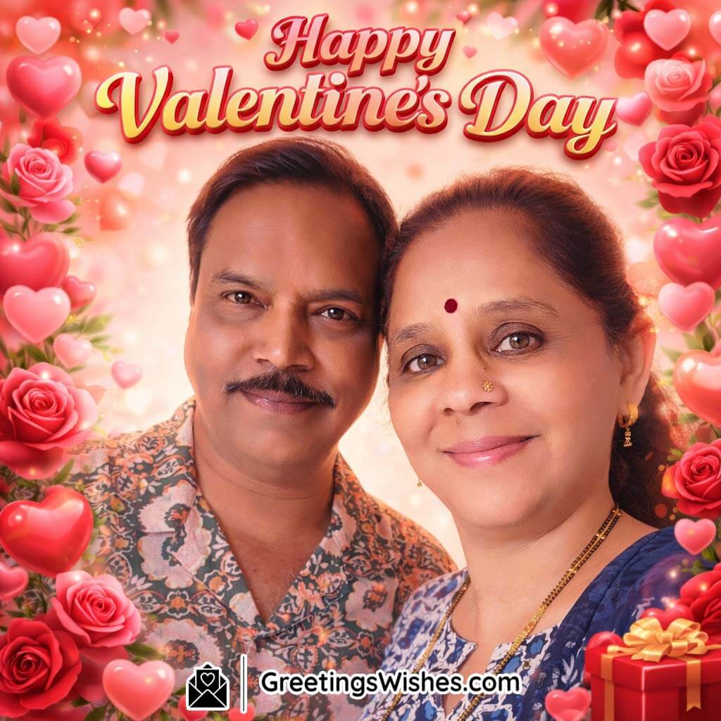 Close-up romantic Valentine’s Day portrait of a couple with gentle expressions and warm atmosphere.