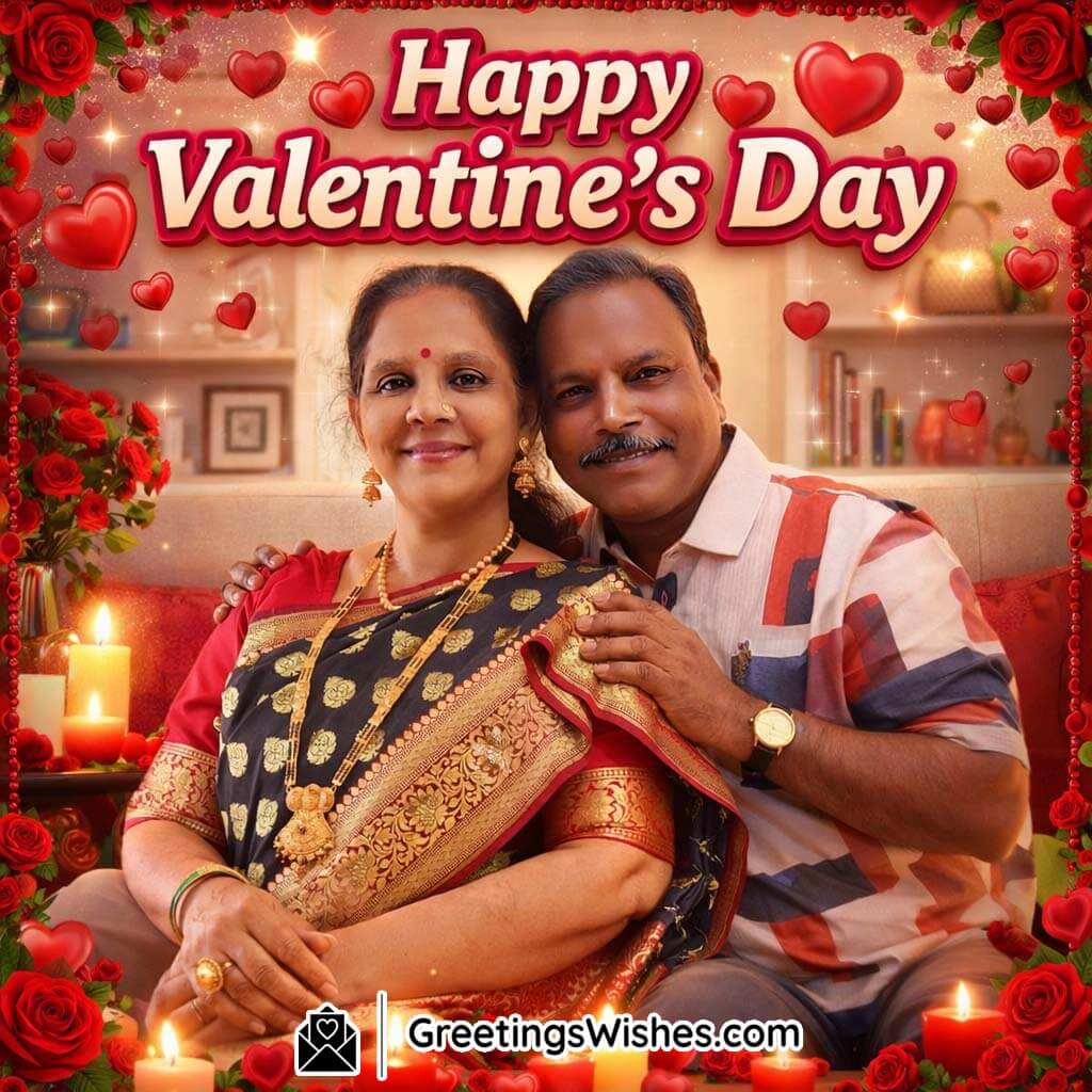 Valentine’s Day real photo of a couple sitting in a cosy home setup decorated with roses and candles, creating an intimate celebration mood.