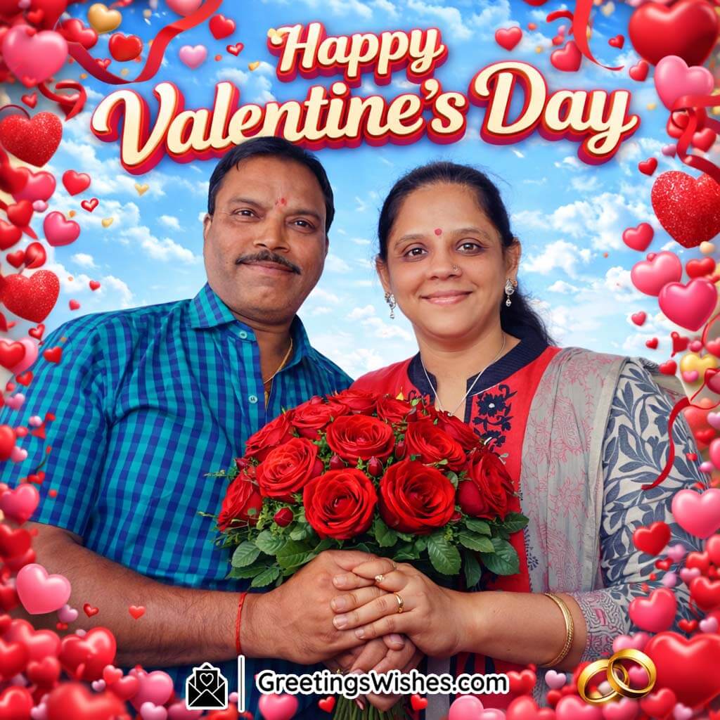 Romantic Valentine’s Day couple photo featuring partners holding a red rose bouquet together with affectionate expressions.