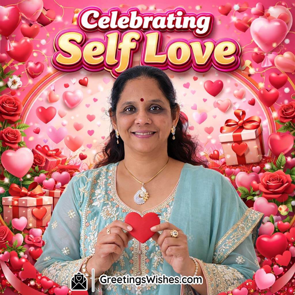 Single Valentine’s Day real image featuring a person celebrating self-love with a heart-shaped prop.
