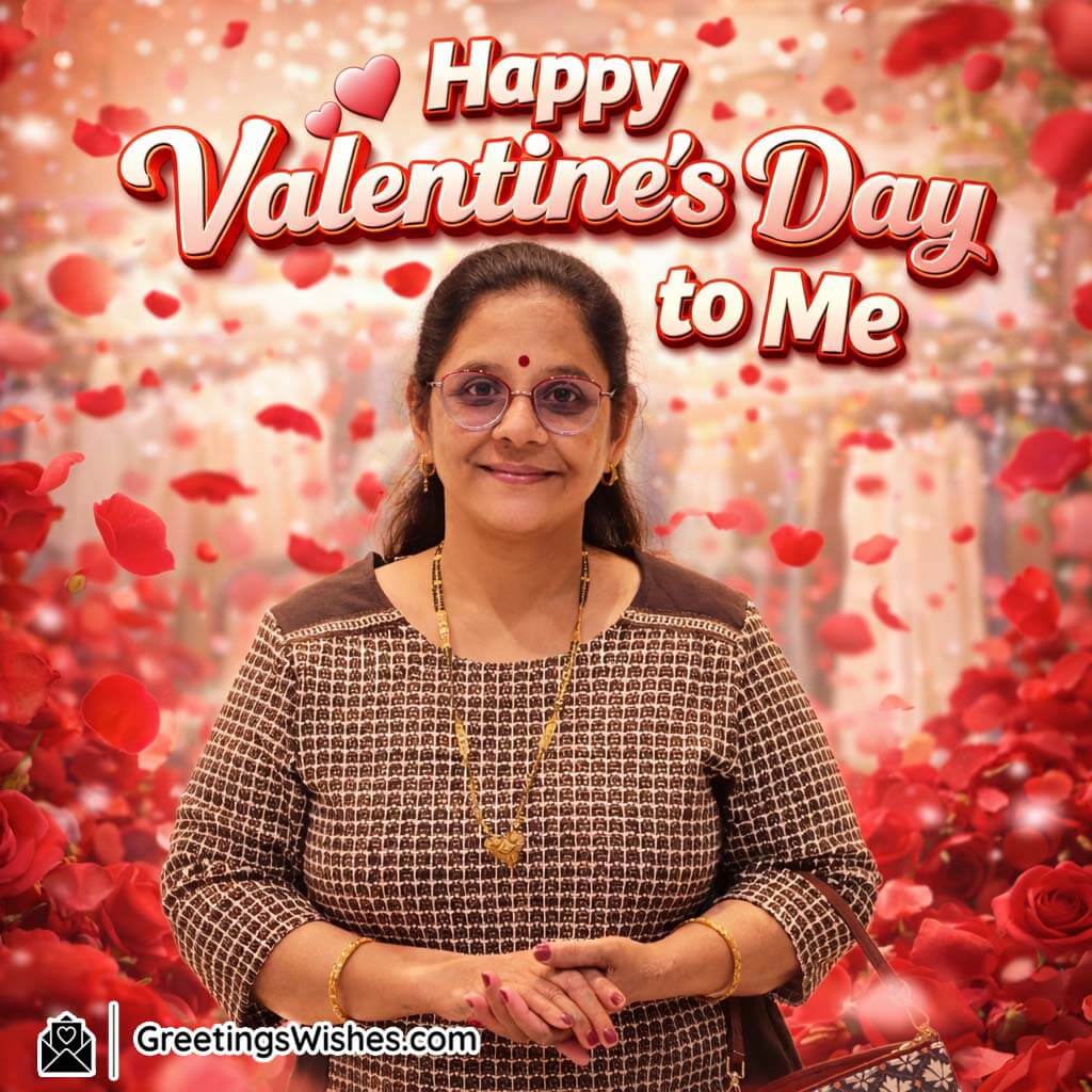 Valentine’s Day solo portrait showing a person surrounded by soft rose décor, expressing confidence and positivity.
