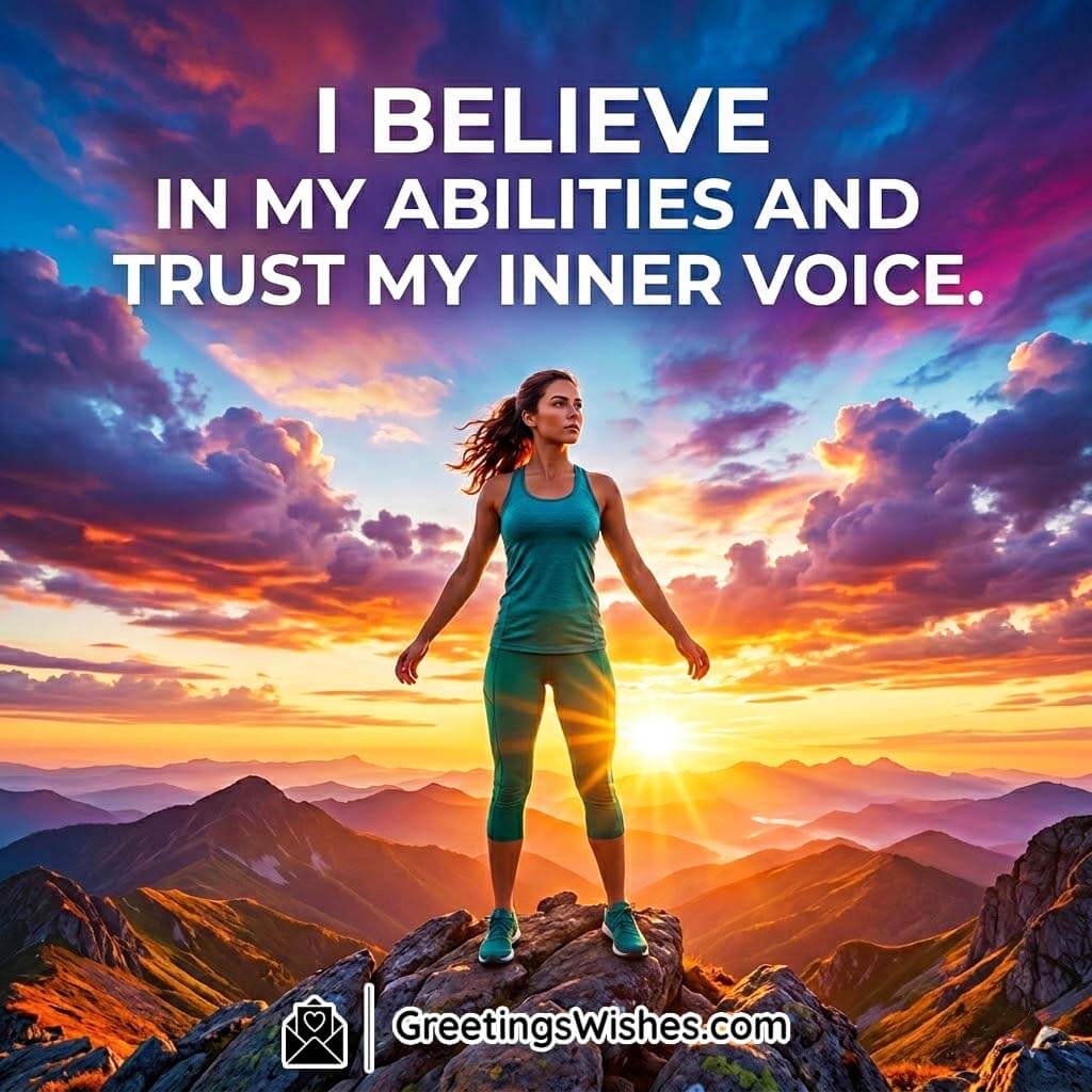 Believe in Your Abilities Daily Affirmation Quote featuring a confident woman standing on a mountain peak at sunrise with colorful sky and glowing horizon symbolizing self-belief and inner strength.