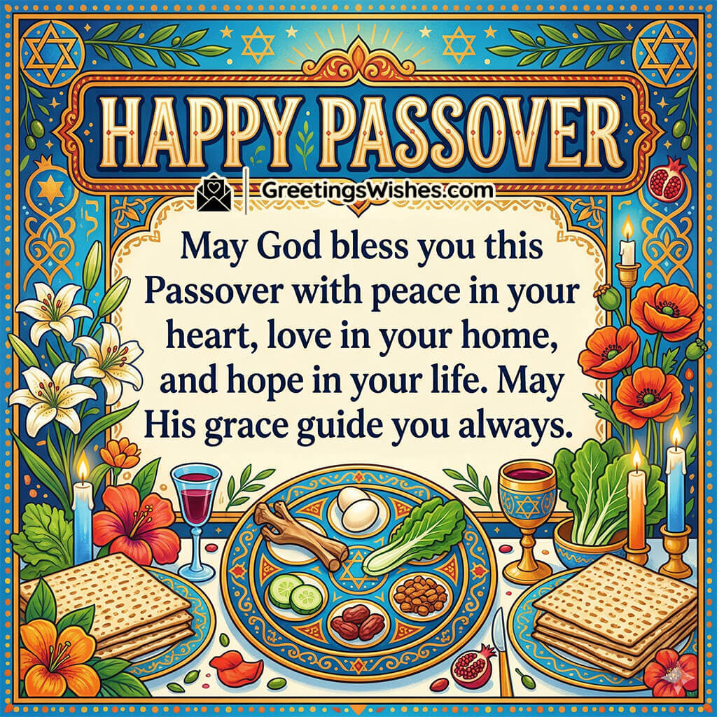 Blessed Passover Peace And Hope Message image featuring seder plate, matzah, wine cups, candles, and floral decorations symbolising peace, hope, faith, and divine grace during the festival.