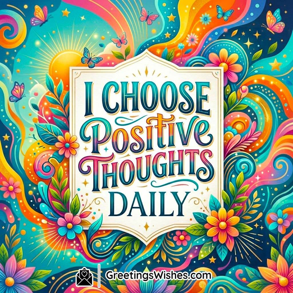 Choose Positive Thoughts Daily Quote featuring colorful floral artwork with butterflies, bright swirls, and vibrant decorative background symbolizing optimism and joyful mindset.