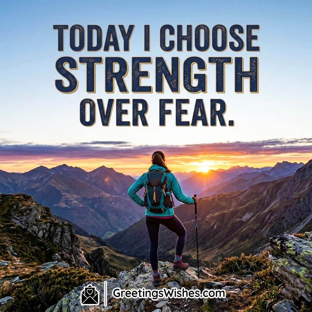 Choose Strength Over Fear Quote featuring a woman with backpack and trekking pole overlooking mountain ranges at sunrise symbolizing confidence, bold decisions, and inner power.