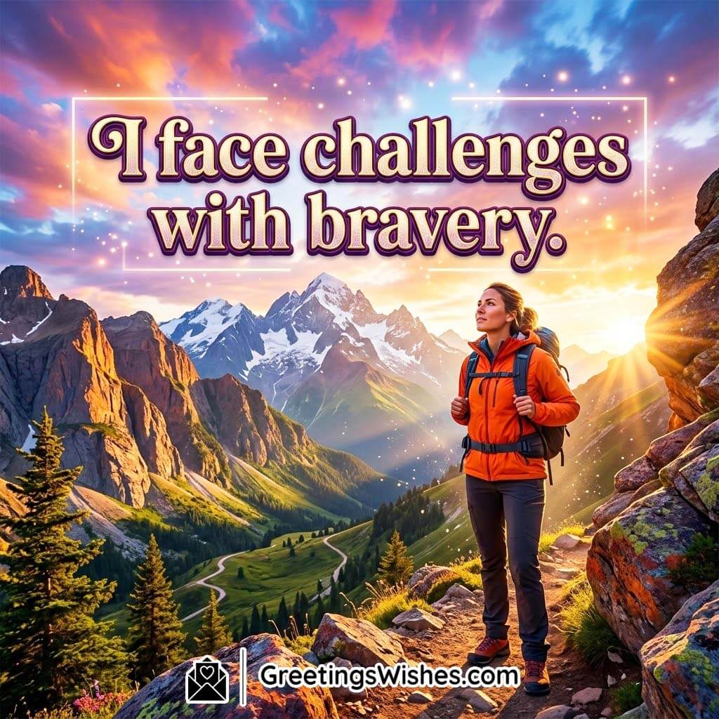 Face Challenges with Bravery Wish featuring a woman trekker standing confidently on a mountain trail with dramatic sunset sky and tall peaks symbolizing courage and determination.