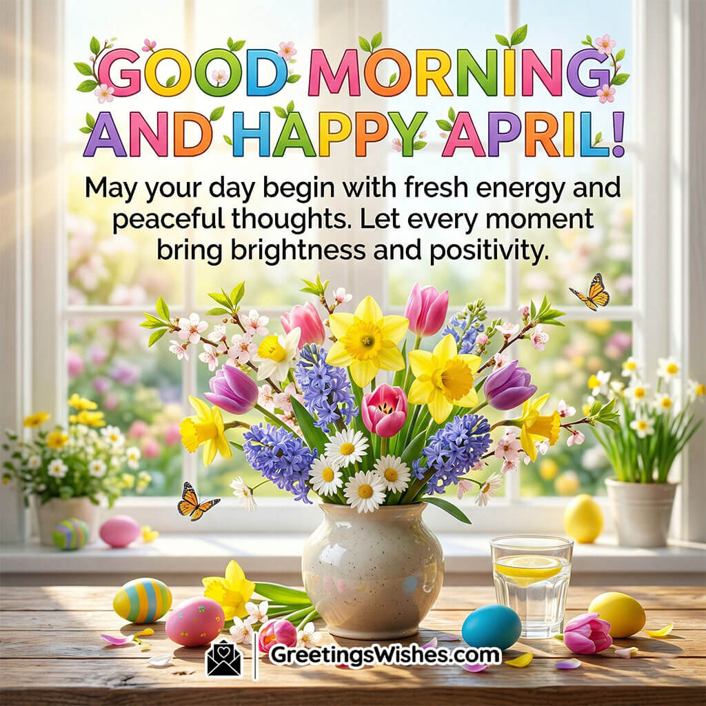 Good morning April greeting featuring vase of colorful flowers near window with soft sunlight symbolising positivity, fresh energy, and a peaceful start to the day.