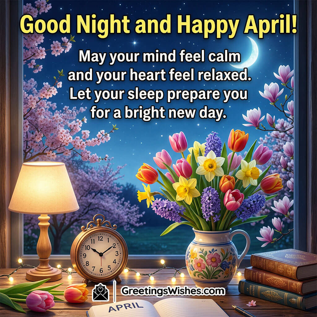 Good night April message featuring night sky, moon, flowers by window, lamp and books symbolising calm mind, relaxation, and peaceful sleep.