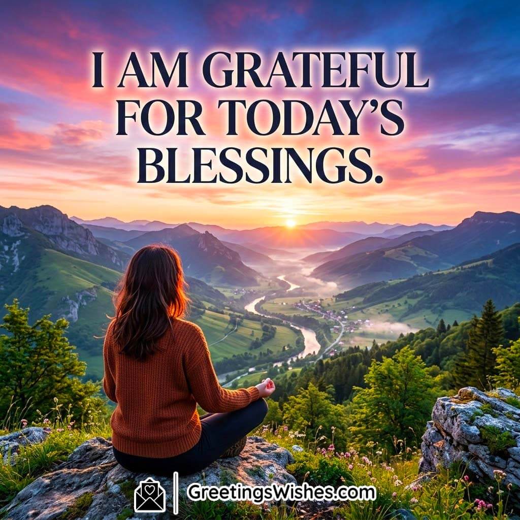 Grateful for Today’s Blessings Affirmation Quote featuring a woman sitting peacefully on a hilltop overlooking a river valley at sunrise symbolizing gratitude, calm reflection, and appreciation for life’s blessings.