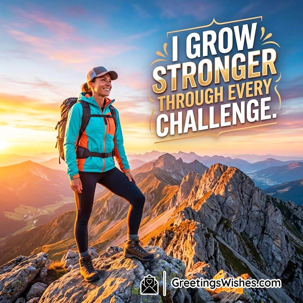 Grow Stronger Through Every Challenge Message featuring a smiling woman hiker standing on rocky mountain cliffs during golden sunrise symbolizing resilience, courage, and personal growth.