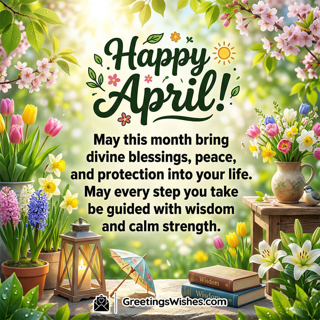 Happy April blessings image featuring flowers, books, lantern, and spring decor symbolising wisdom, peace, protection, and positive energy.