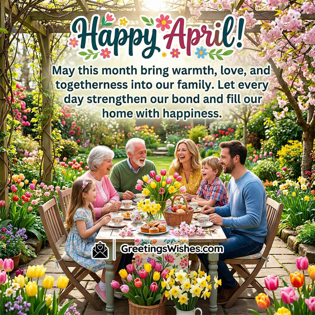 Happy April message featuring happy family sitting in garden with flowers and tea table symbolising love, bonding, warmth, and togetherness.