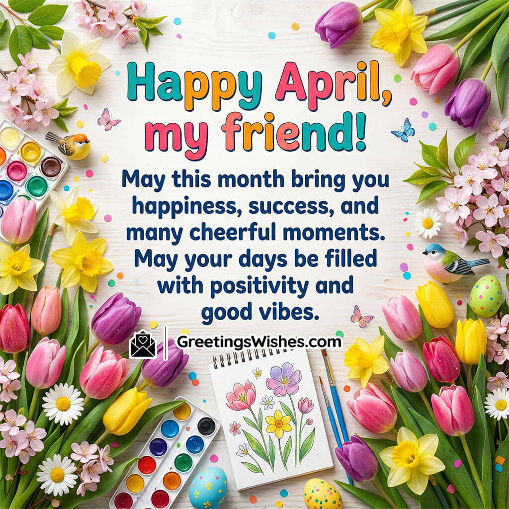 Happy April message for friend featuring flowers, painting tools, notebook and spring decor symbolising creativity, positivity, happiness, and cheerful moments.