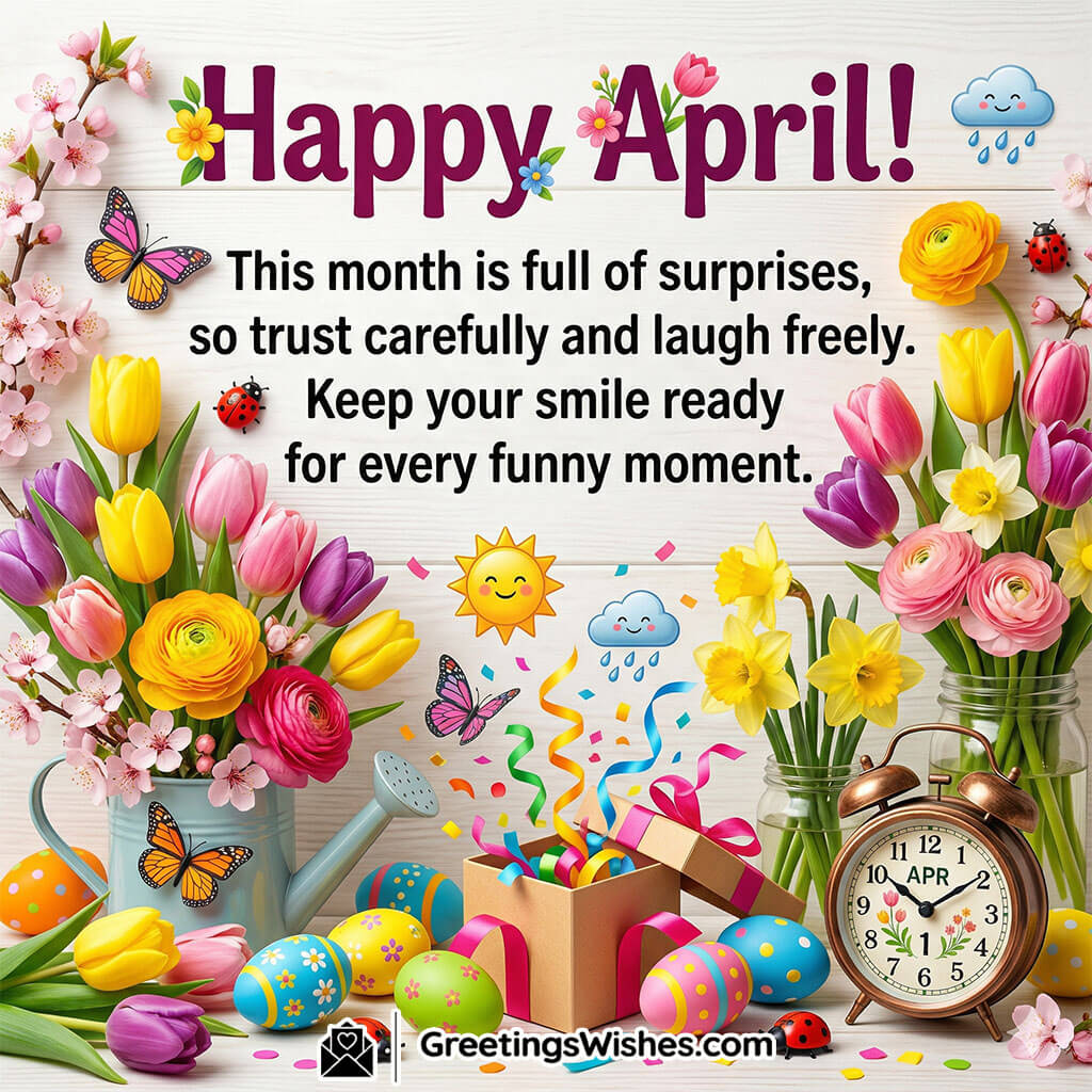 Happy April message featuring bright flowers, gift box, butterflies, and cheerful decorations symbolising fun, surprises, laughter, and happy moments.