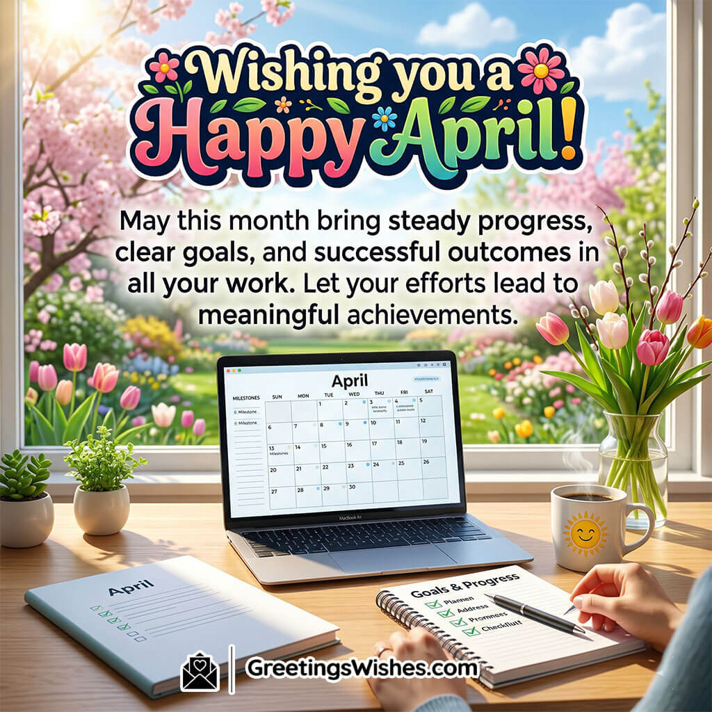Happy April message featuring laptop calendar, notebook, coffee and flowers near window symbolising planning, productivity, success, and new achievements.