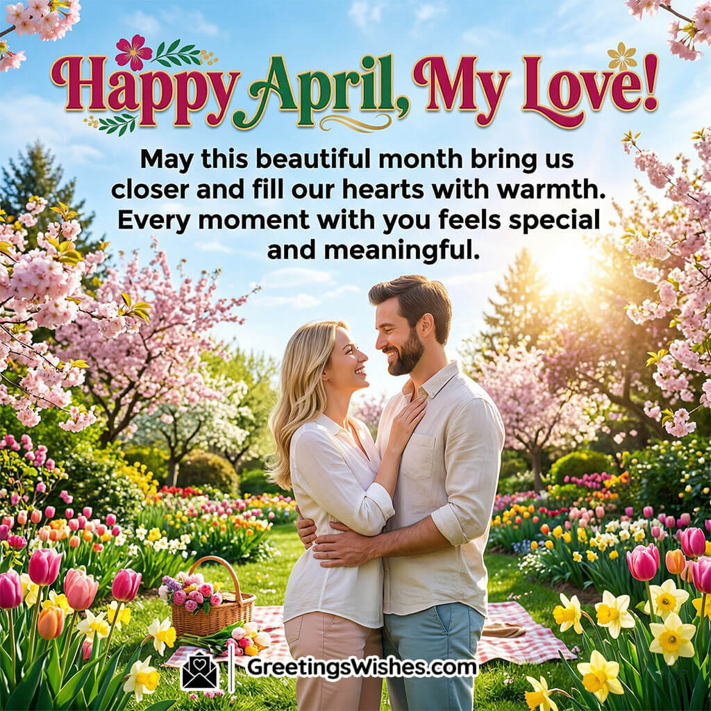 Happy April romantic message featuring couple in blooming garden with flowers and sunlight symbolising love, warmth, closeness, and meaningful moments.