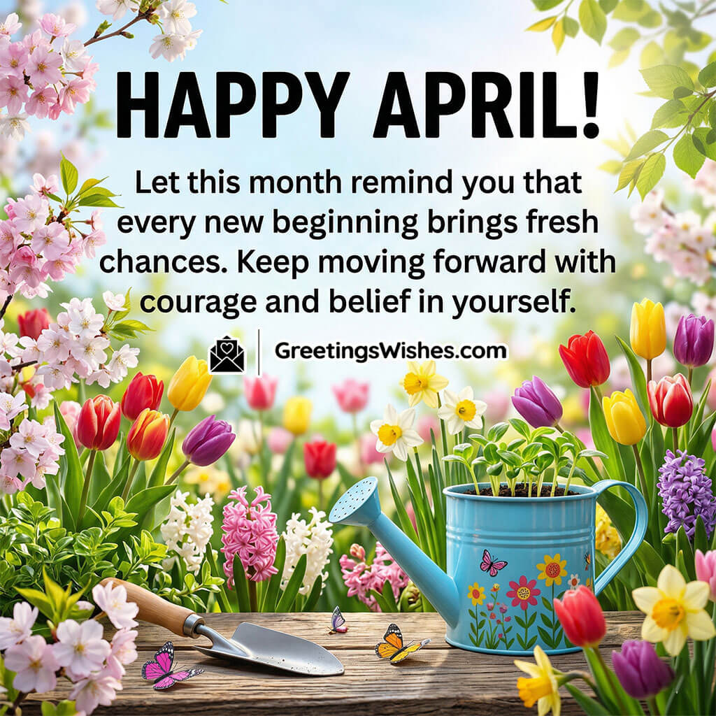 Happy April inspirational message featuring gardening tools, watering can, blooming flowers, and butterflies symbolising growth, courage, and fresh opportunities.