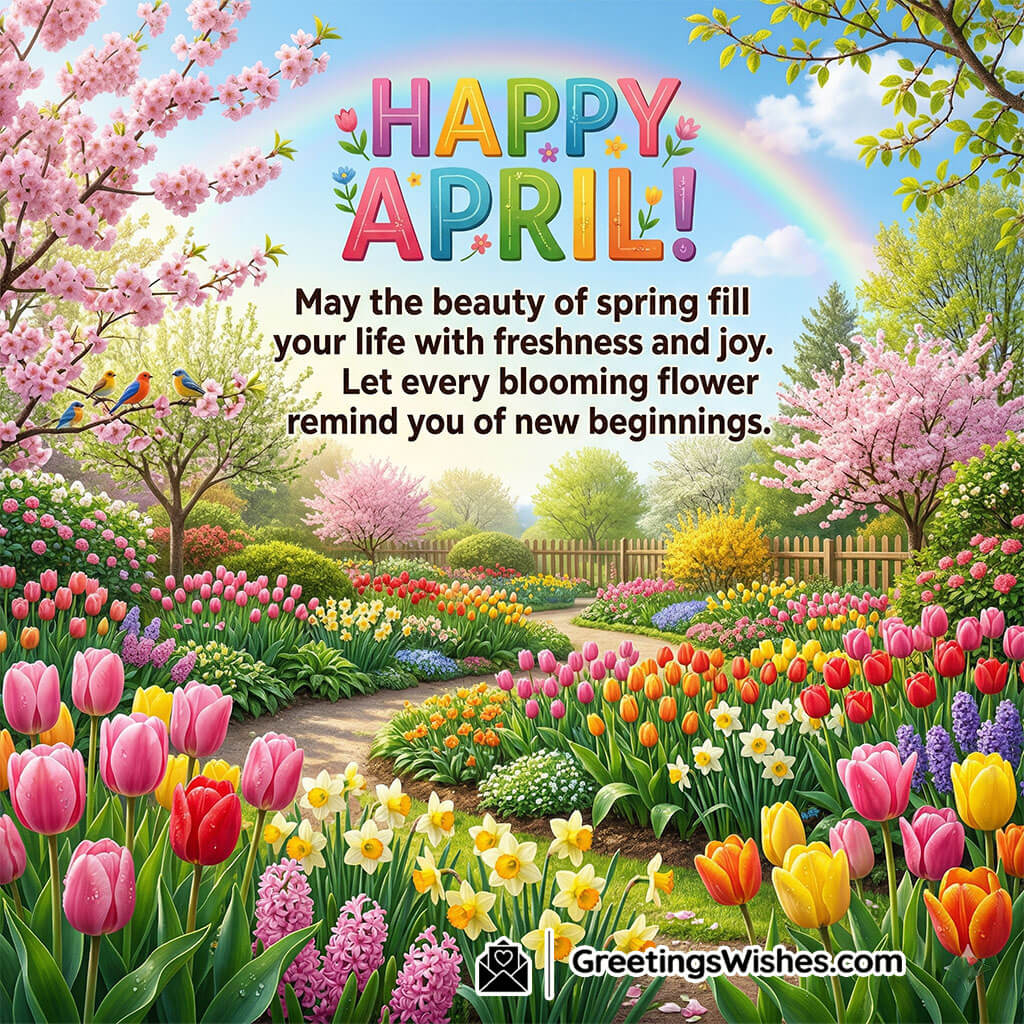 Happy April message featuring colorful garden, blooming flowers, birds and rainbow symbolising spring beauty, joy, and new beginnings.