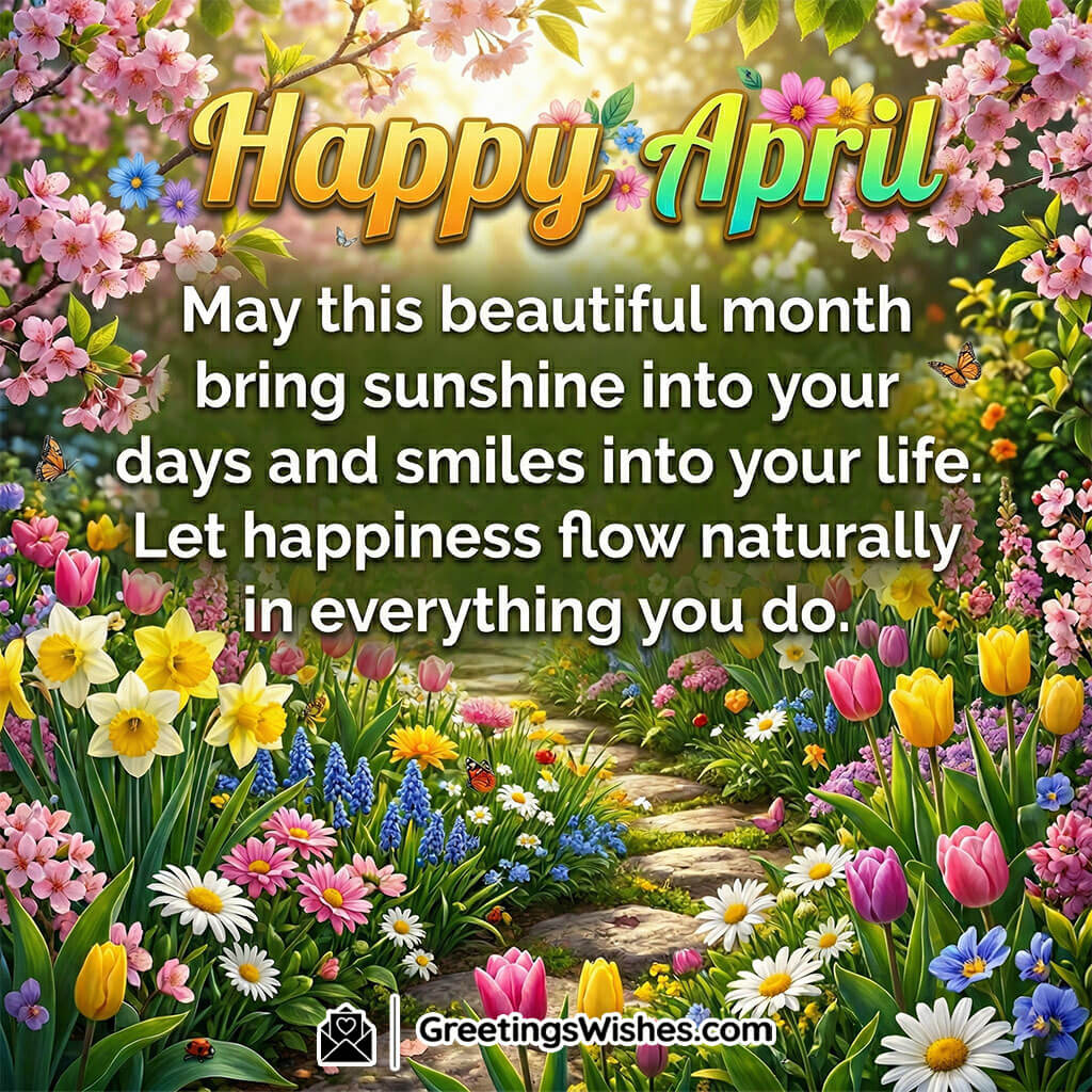 Happy April message featuring flower-filled garden path, butterflies, and bright sunlight symbolising joy, smiles, and natural happiness.