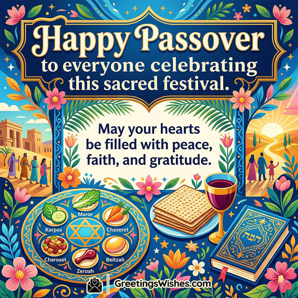 Happy Passover Celebration Message For Social Media featuring symbolic seder plate, matzah, wine glass, and journey scenes with families walking symbolising faith, gratitude, and spiritual journey.