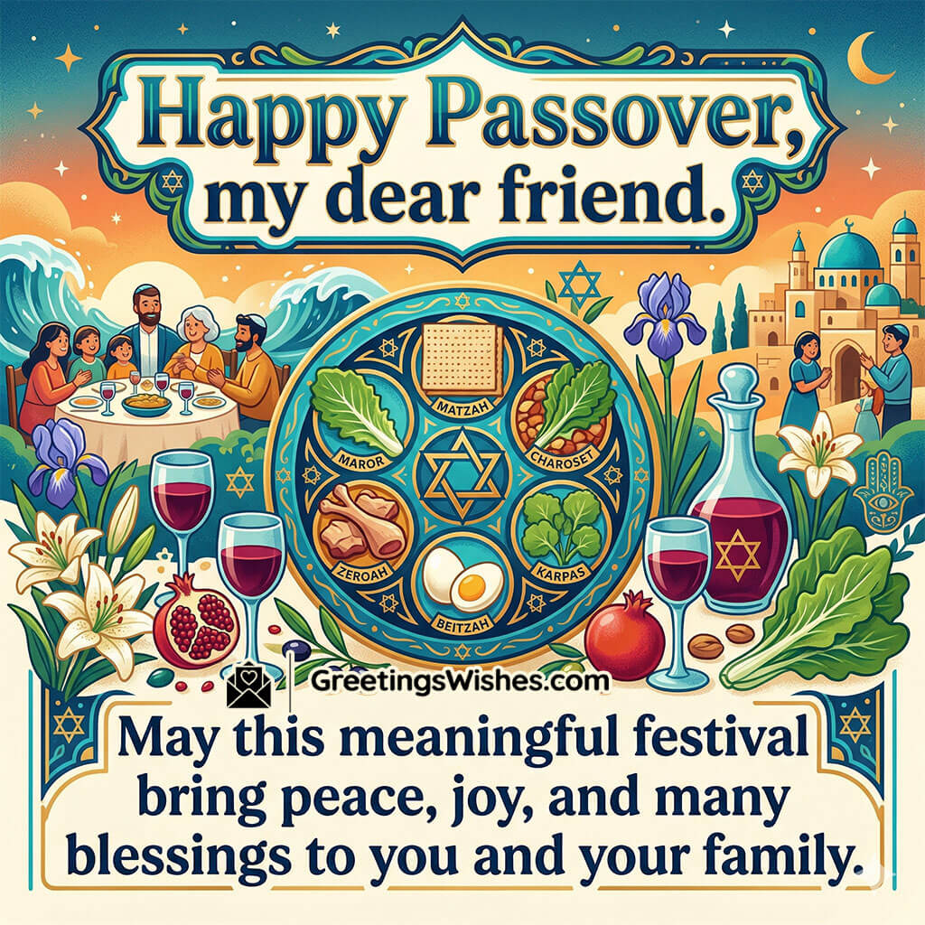 Passover greeting for friend featuring family dinner scene, seder plate with symbolic foods, wine glasses, and peaceful evening setting symbolising joy and togetherness.
