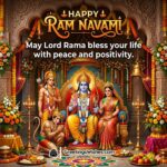 Happy Ram Navami Blessings Wishes featuring Lord Rama, Sita, Lakshman, and Hanuman in a decorated temple with lamps, flowers, and festive offerings symbolising devotion and positivity.