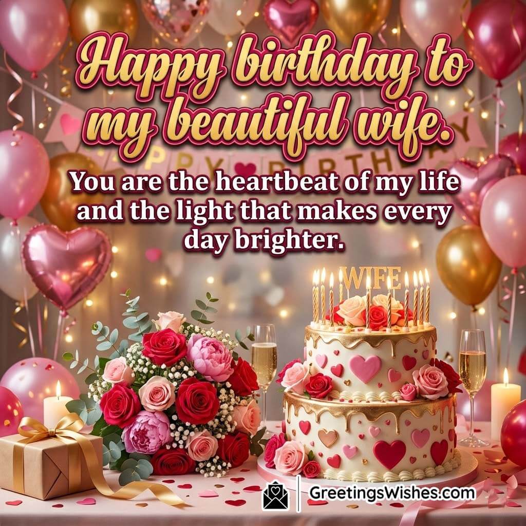 Heartfelt Birthday Message for Beautiful Wife featuring a decorated cake with roses, champagne glasses, heart balloons, and soft golden lights symbolizing love, admiration, and warmth.