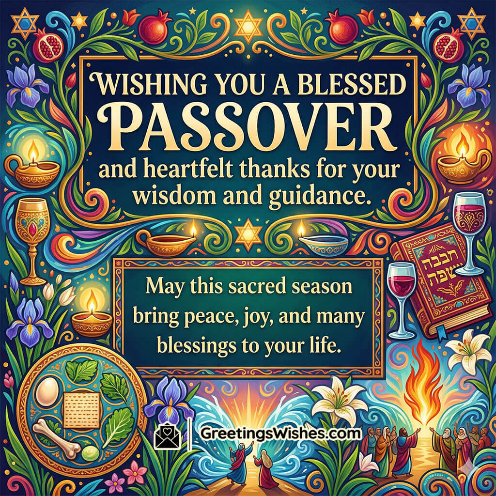 Heartfelt Passover Gratitude And Blessings Message For Teachers featuring candles, wine cups, seder plate, sacred book, and symbolic flames scene representing wisdom, guidance, peace, and blessings of the season.