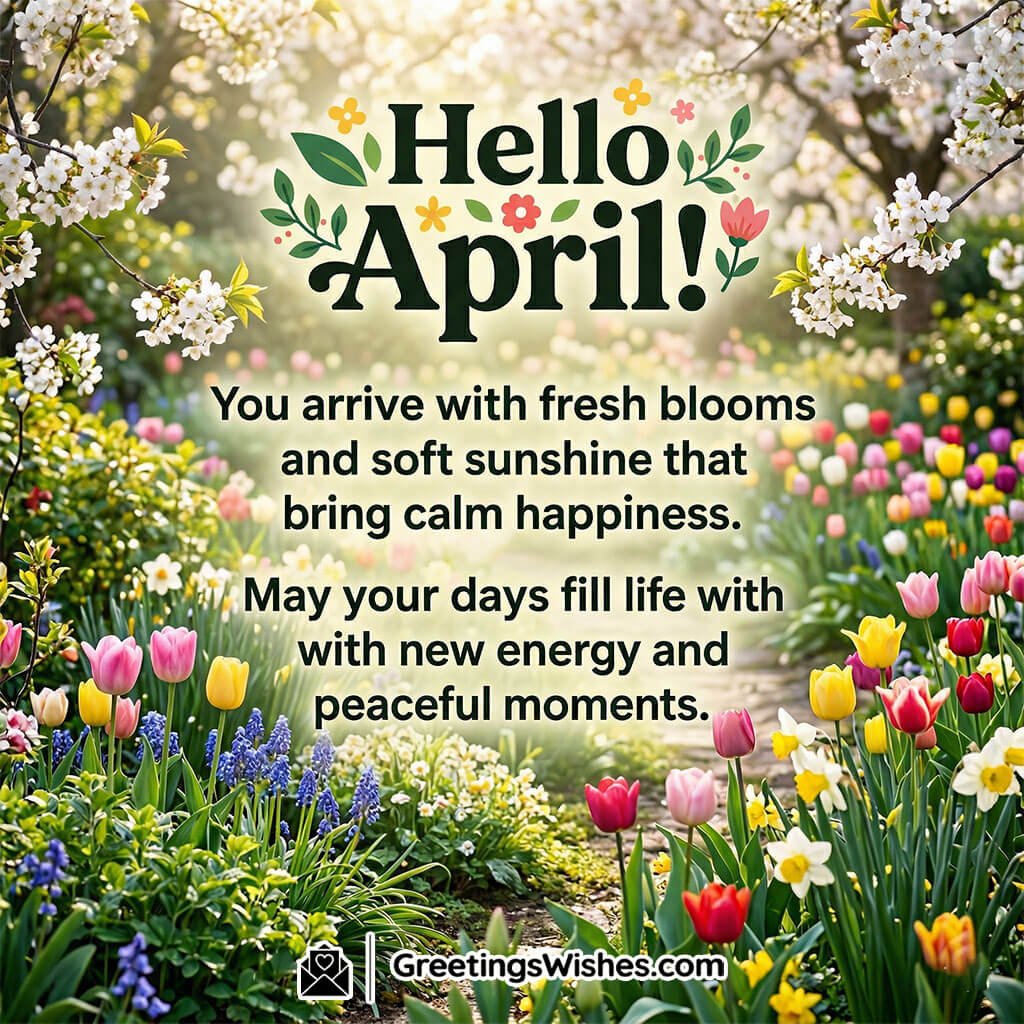 Hello April greeting featuring blooming garden path with vibrant flowers and soft sunlight symbolising freshness, positivity, and peaceful moments.