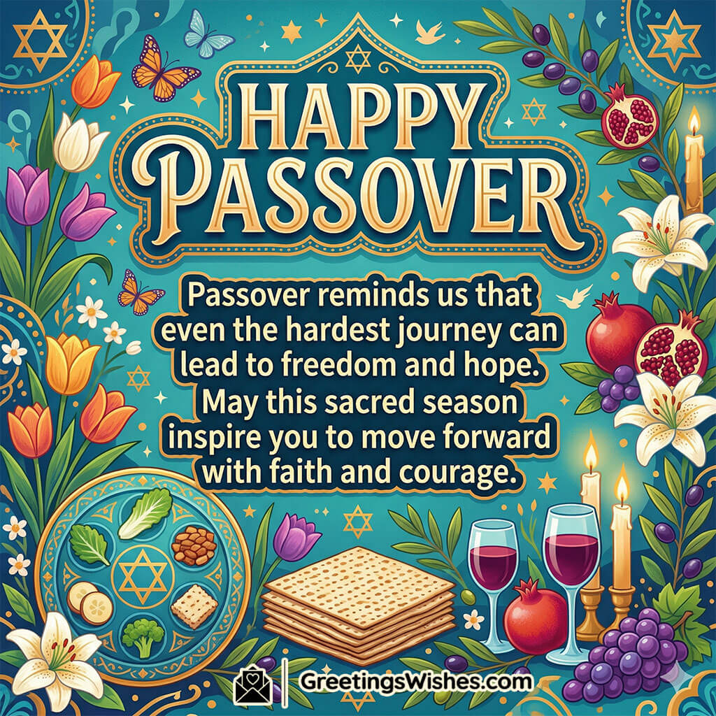 Passover inspirational message featuring flowers, seder plate, wine glasses, and candles symbolising strength, courage, hope, and freedom through faith.