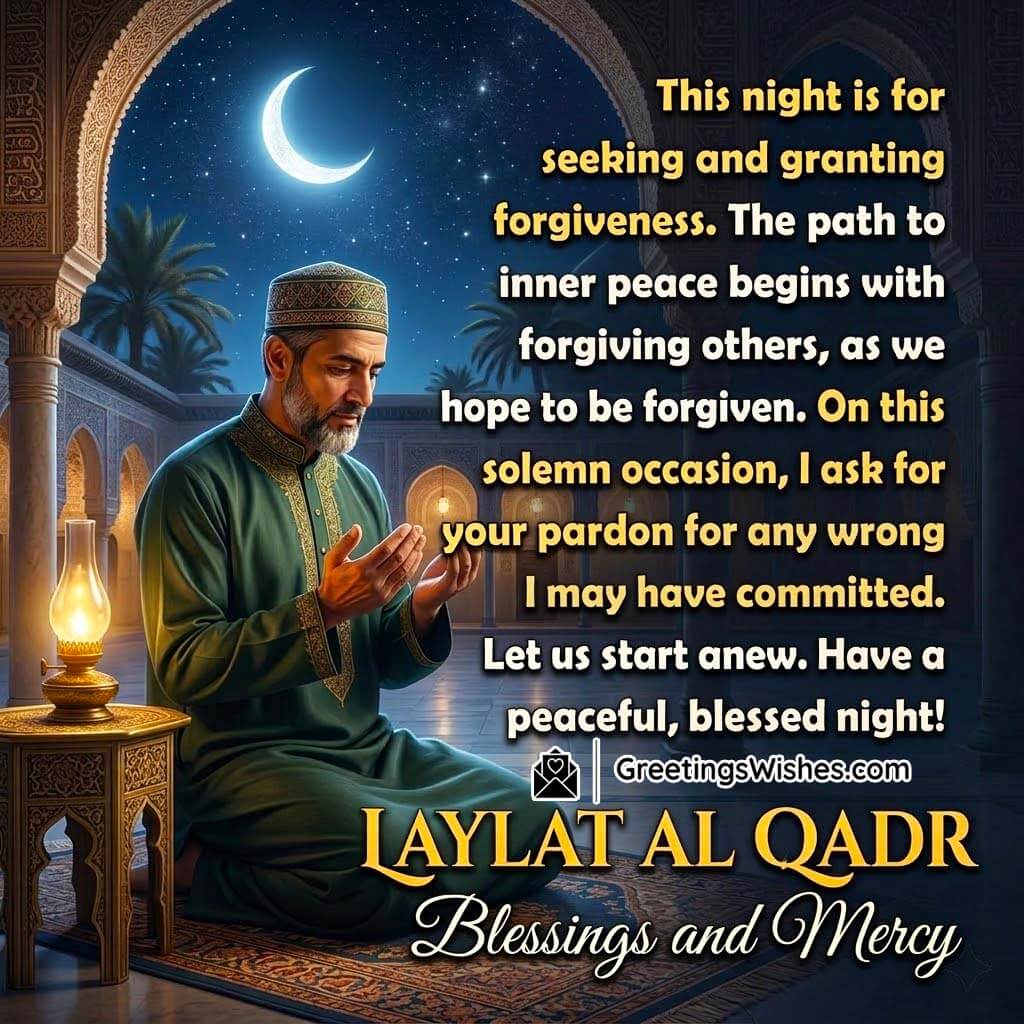 Laylat al Qadr Forgiveness Message and Blessings featuring a man praying under a crescent moon in a peaceful mosque courtyard symbolizing reflection, mercy, forgiveness, and spiritual devotion on the sacred night.