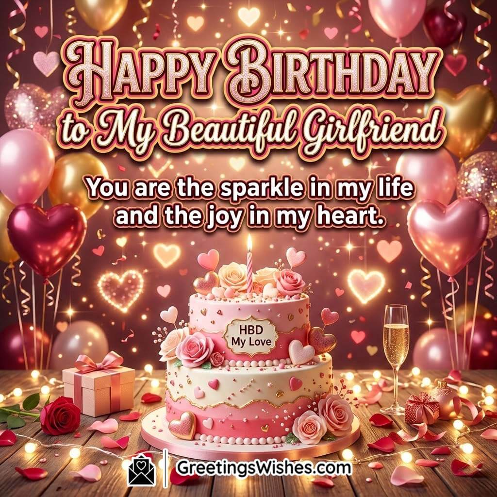 Lovely Birthday Wish for Beautiful Girlfriend featuring a pink romantic cake, glowing heart lights, roses, and sparkling decorations symbolizing affection and happiness.