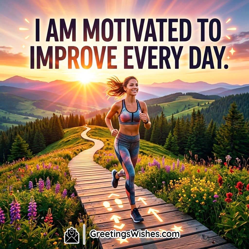 Motivated to Improve Every Day Wish featuring a woman jogging on a scenic wooden trail surrounded by green hills and sunrise light symbolizing consistency, progress, and daily self-improvement.