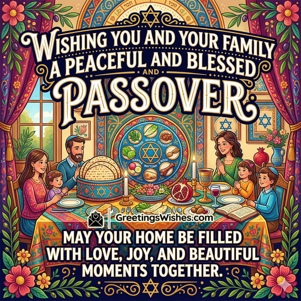Passover Blessings For Neighbours image featuring festive dinner table, seder plate, candles, and smiling family members symbolising love, joy, unity, and happy moments together.