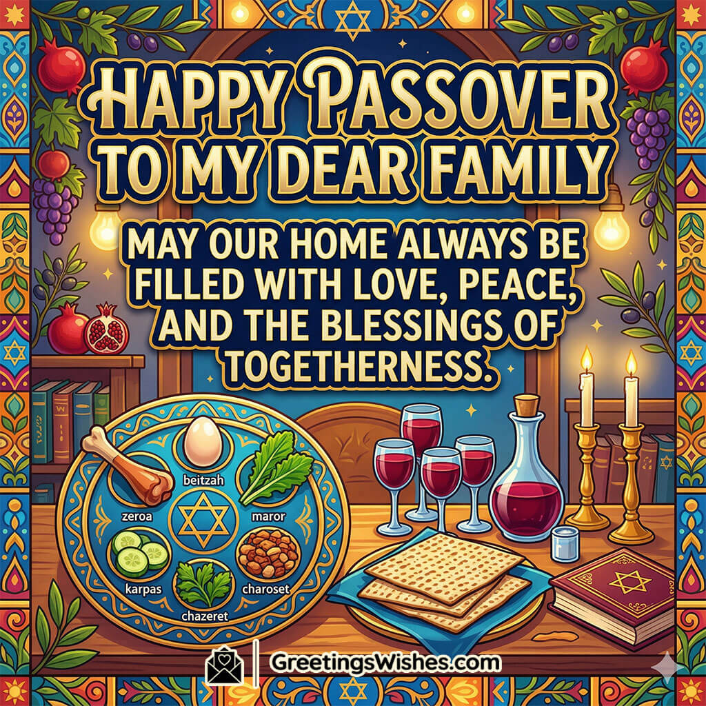 Passover family celebration image featuring decorated table with seder plate, candles, matzah, and festive fruits symbolising love, unity, and blessings at home.