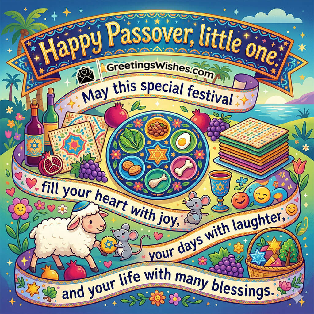 Passover wishes for kids featuring playful illustration with seder plate, fruits, lamb, and cheerful elements symbolising joy, laughter, and festive happiness for children.