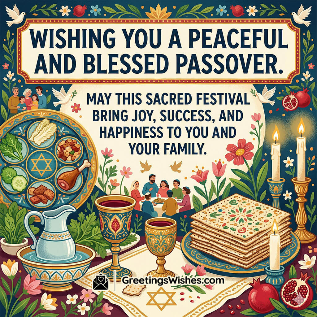Peaceful Passover Blessings For Collegues featuring candles, matzah stack, wine cups, and family gathering scene symbolising peace, prosperity, and happiness during the sacred festival.