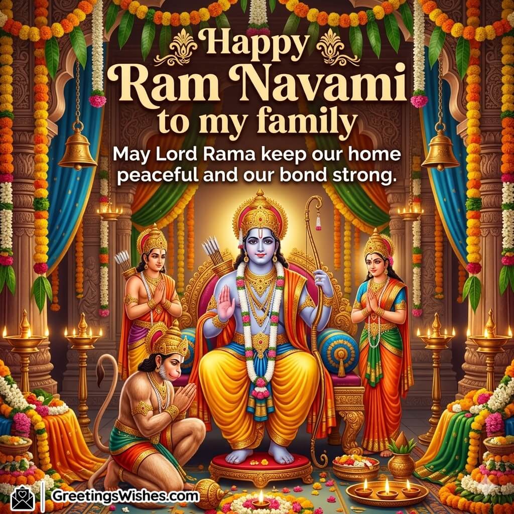 Ram Navami Family Celebration Wish featuring Lord Rama with Sita, Lakshman, and Hanuman surrounded by colorful garlands and diyas symbolising peace, unity, and strong family bonds.