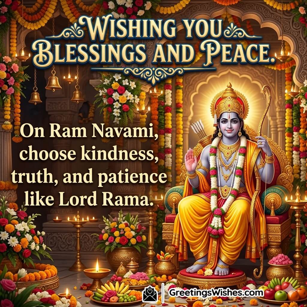 Ram Navami Peace and Blessings Message featuring Lord Rama seated in a decorated temple with diyas, flowers, and offerings symbolising peace, truth, and spiritual harmony.