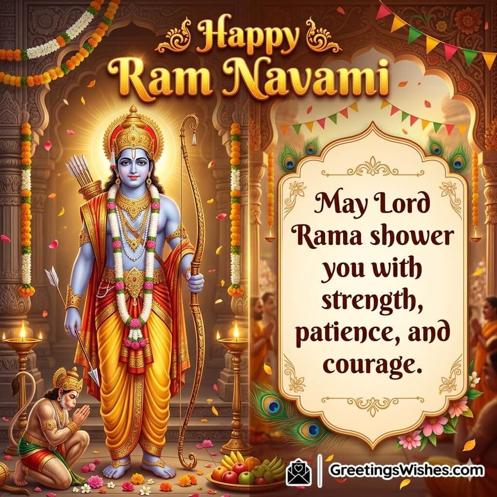 Ram Navami Strength and Courage Wish featuring Lord Rama with Hanuman in a festive temple with peacock feathers, flowers, and lamps symbolising strength, patience, and divine guidance.