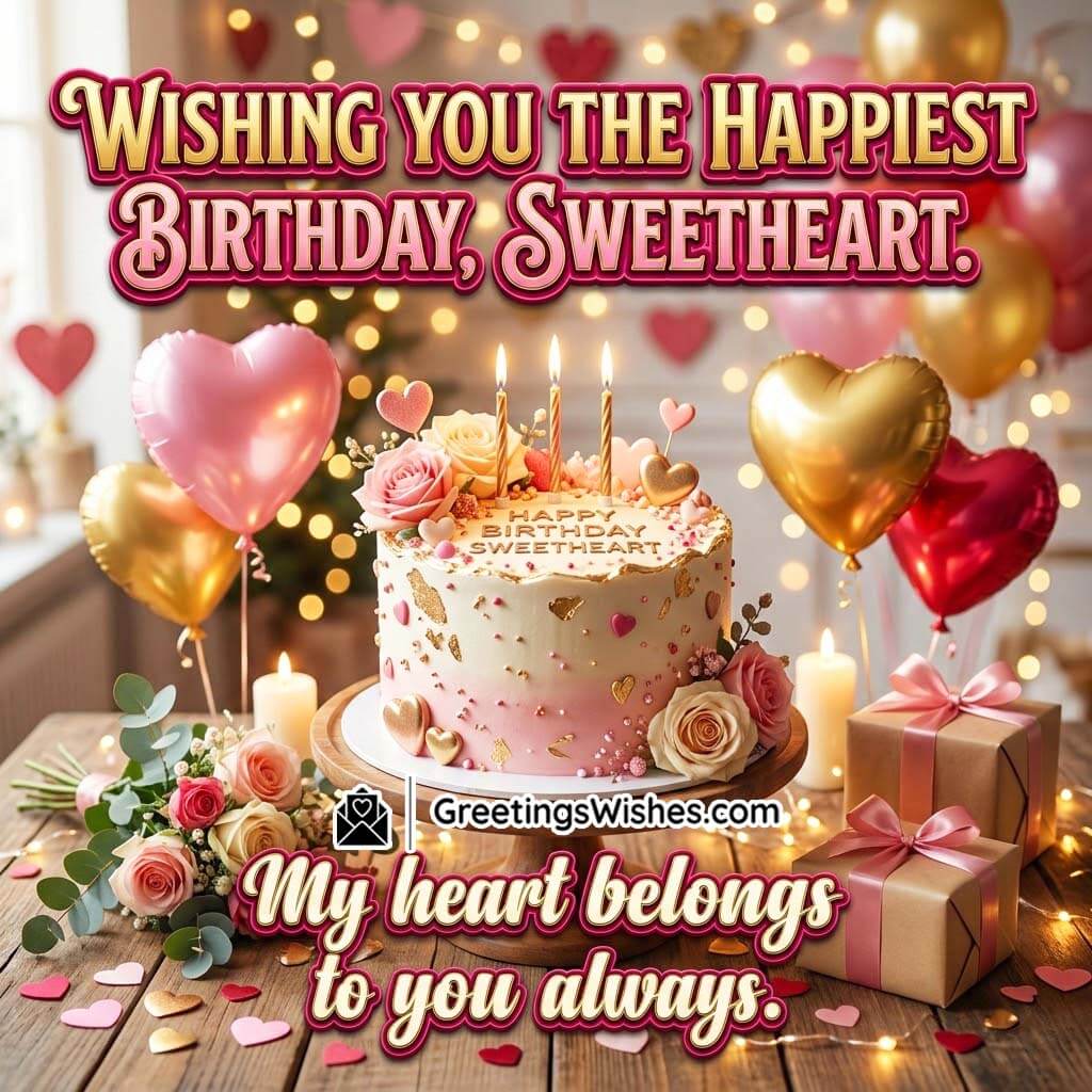 Romantic Birthday Message for Sweetheart featuring a pastel birthday cake with golden hearts, heart-shaped balloons, candles, and wrapped gifts symbolizing love and devotion.