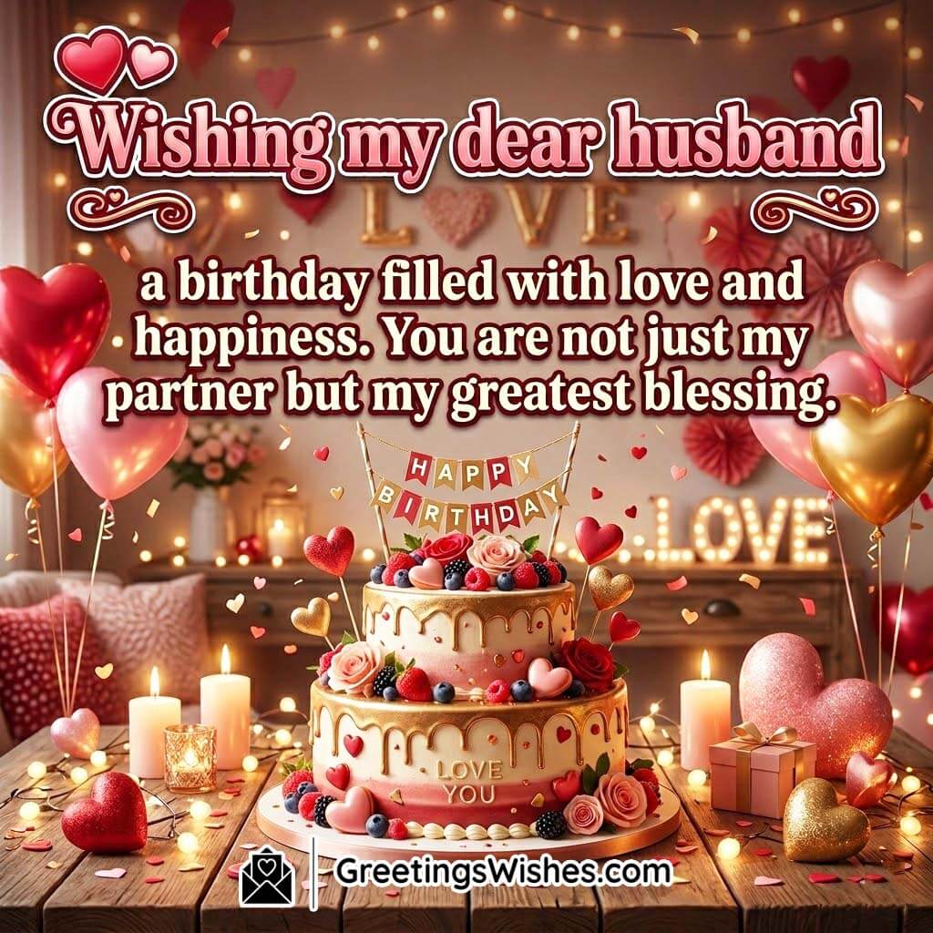 Romantic Birthday Wish for Dear Husband featuring a heart-themed birthday cake, red and gold balloons, glowing candles, and love decorations symbolizing deep affection and celebration.