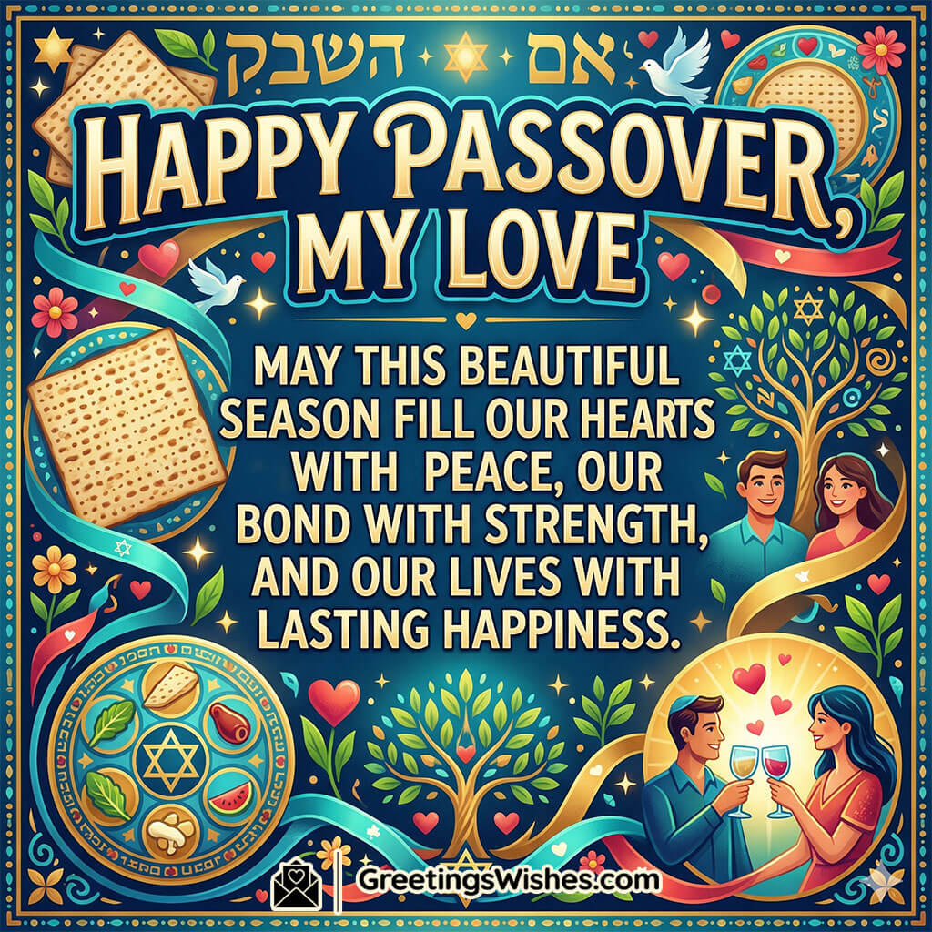 Passover love message featuring couple celebrating with wine, hearts, and festive elements like matzah and seder plate symbolising warmth, connection, and happiness.