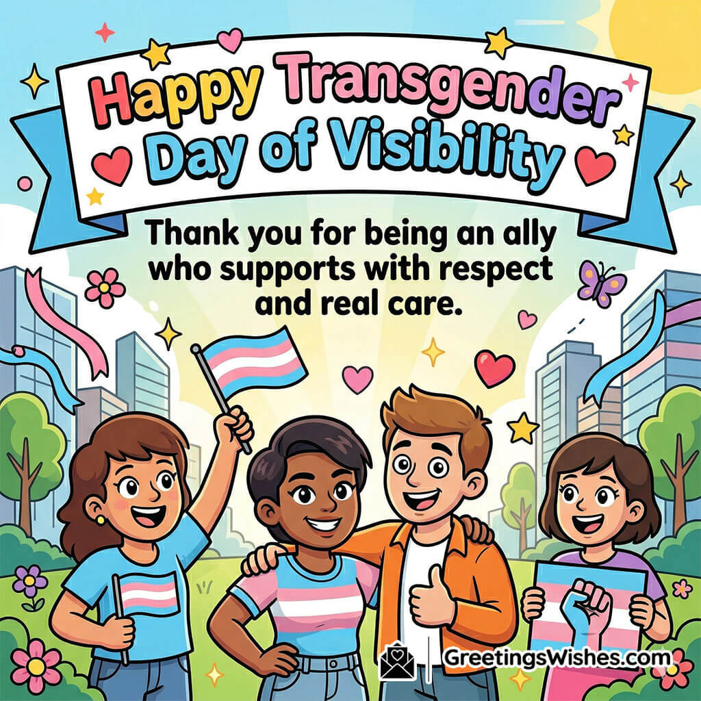 Transgender Day of Visibility Ally Support Wish featuring friends standing together in a city park with pride flags and hearts symbolising allyship, care, and inclusive support.