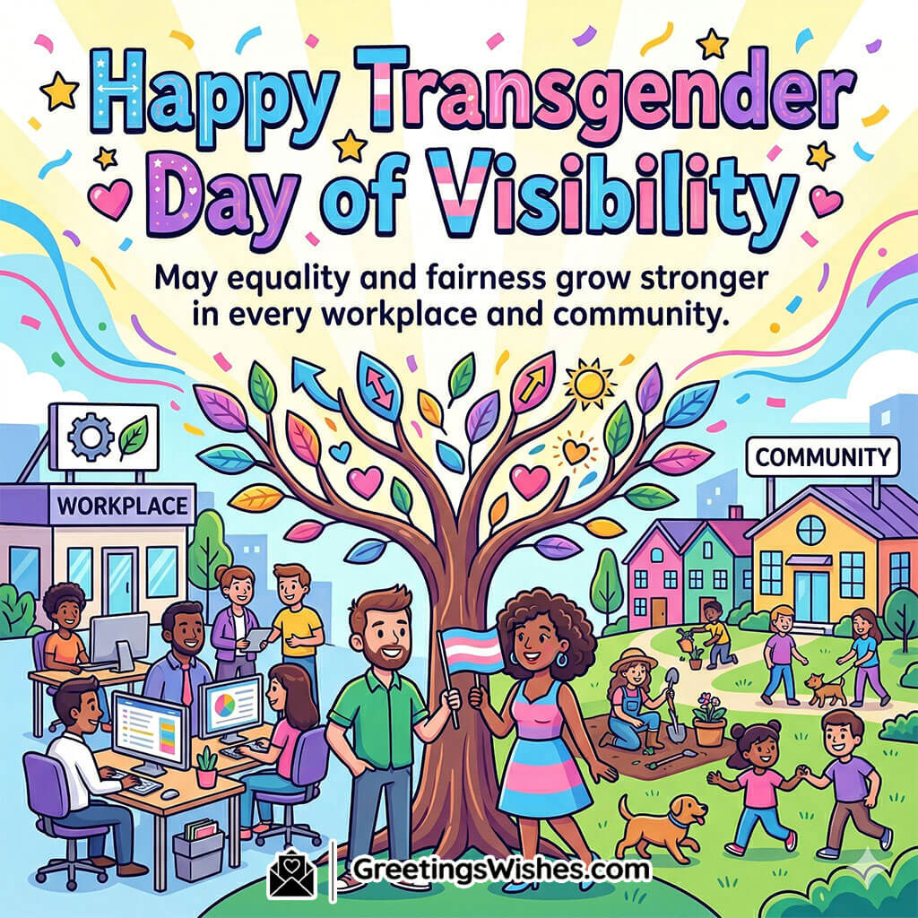 Transgender Day of Visibility Equality Wish featuring a colorful tree connecting workplace and community scenes with people celebrating inclusion and fairness symbolising growth and equal opportunities.