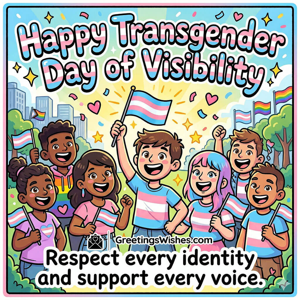 Transgender Day of Visibility Support Quote featuring joyful group holding transgender pride flags in a vibrant outdoor setting symbolising identity, pride, and strong community support.