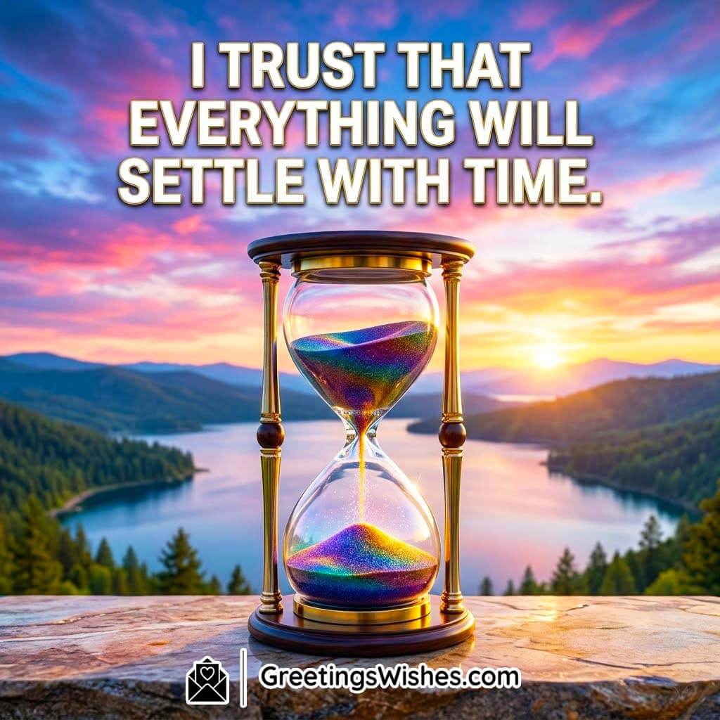 Trust That Time Will Heal Message featuring a glowing hourglass placed against a peaceful lake and sunset sky symbolizing patience, faith, and the power of time.