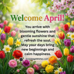 Welcome April message featuring colorful spring flowers, tulips, and sunlight with fresh garden background symbolising new beginnings, calm happiness, and seasonal beauty.